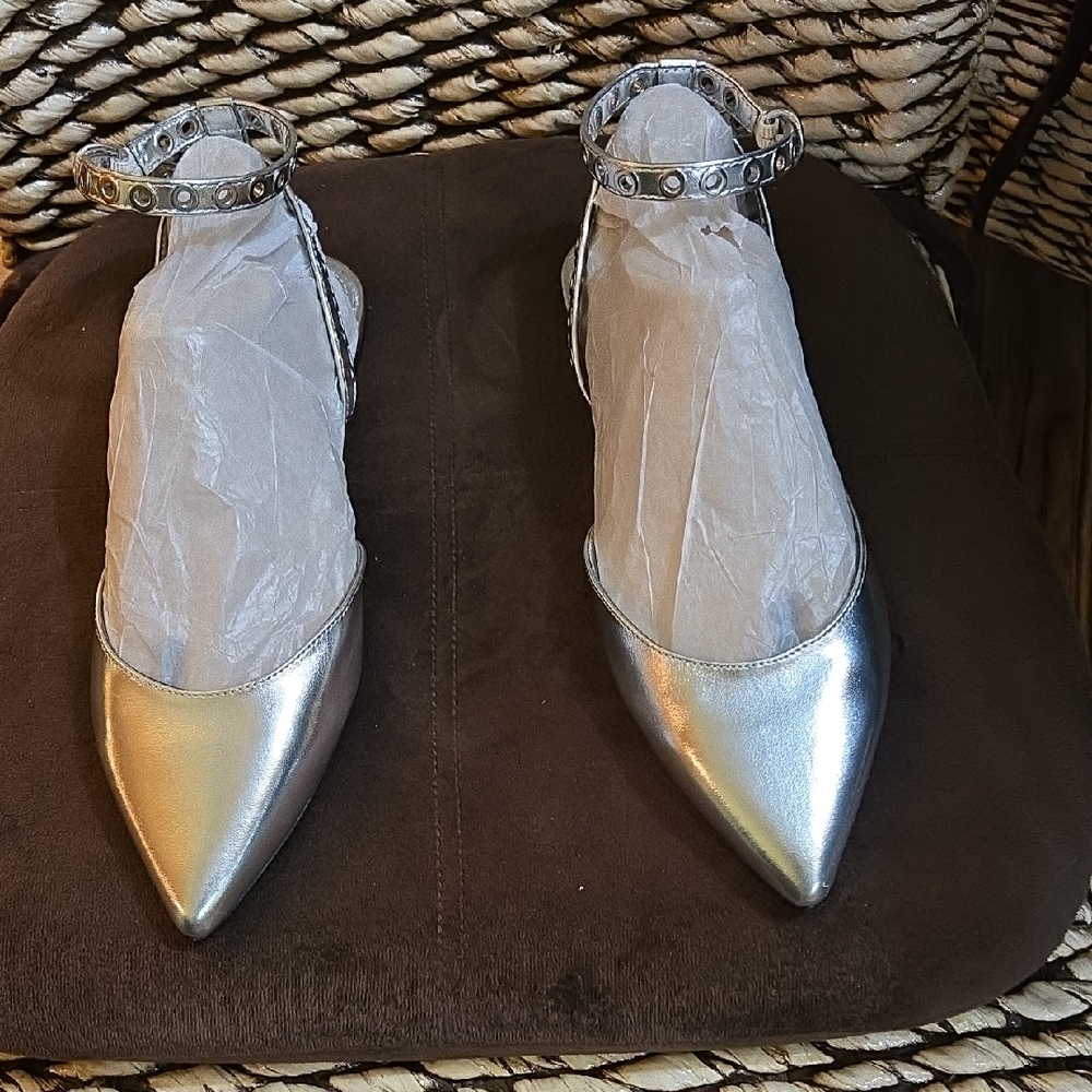 Nine West Silver Pointed Toe Ankle-Strap Flats with Grommet Detail